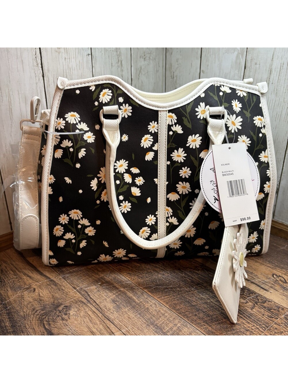 NWT Betsey Johnson XOLINDIE Black Daisy Crossbody Tote Bag Purse Bonus Card Case